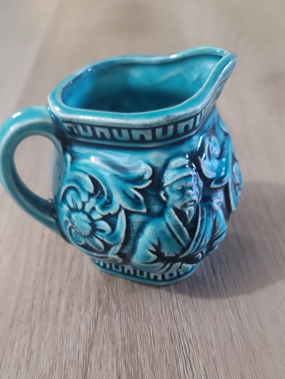 VTG Dynasty Kaycoware Japanese Turquoise Glazed Ceramic Creamer Pitcher Embossed